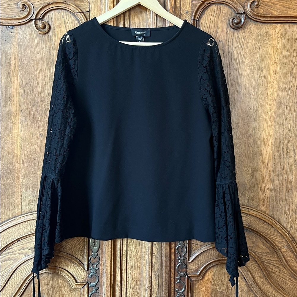 Karen Kane Black Tie Lace Bell Sleeve Crepe Top - Picture 3 of 11